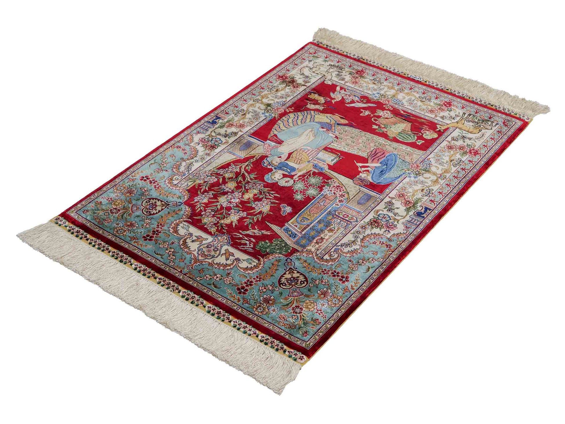 Sehr feiner, handgeknüpfter Khademi Orientteppich mit Ghom Design aus reiner Seide, rot, blau, creme. 92x63 cm. Vertrieb durch Jupiter Intl.