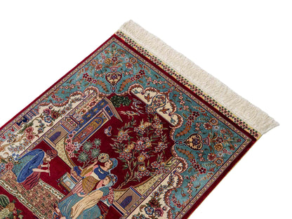 Sehr feiner, handgeknüpfter Khademi Orientteppich mit Ghom Design aus reiner Seide, rot, blau, creme. 92x63 cm. Vertrieb durch Jupiter Intl.