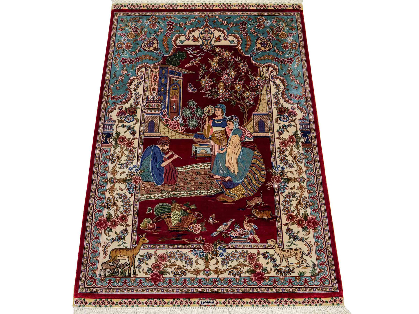 Sehr feiner, handgeknüpfter Khademi Orientteppich mit Ghom Design aus reiner Seide, rot, blau, creme. 92x63 cm. Vertrieb durch Jupiter Intl.