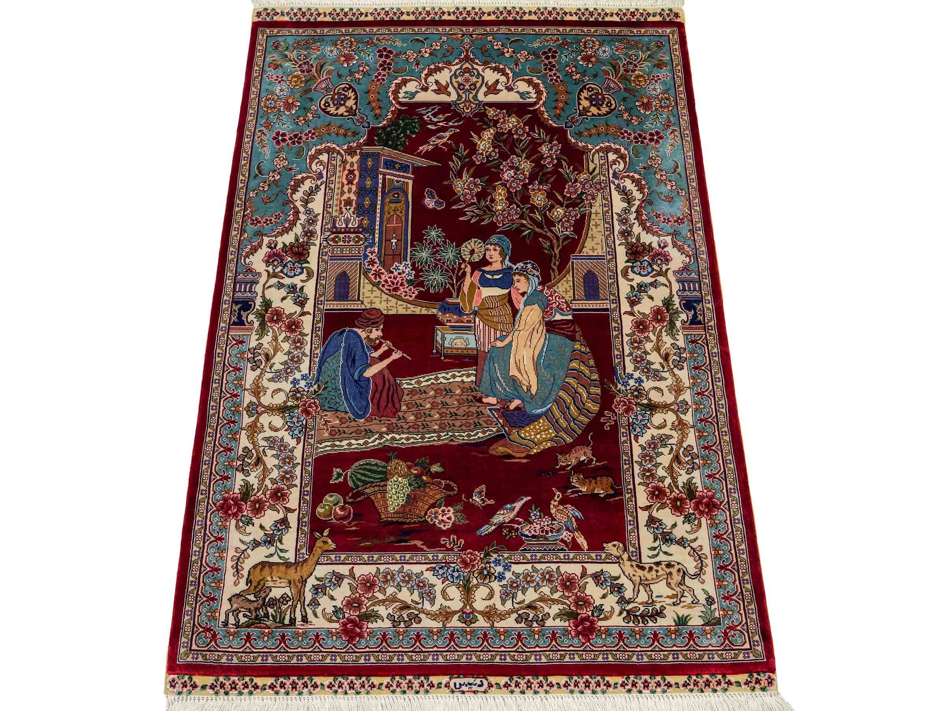 Sehr feiner, handgeknüpfter Khademi Orientteppich mit Ghom Design aus reiner Seide, rot, blau, creme. 92x63 cm. Vertrieb durch Jupiter Intl.
