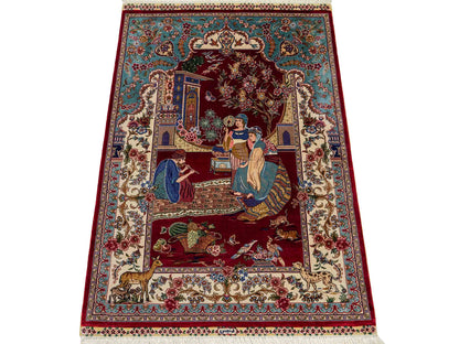Sehr feiner, handgeknüpfter Khademi Orientteppich mit Ghom Design aus reiner Seide, rot, blau, creme. 92x63 cm. Vertrieb durch Jupiter Intl.