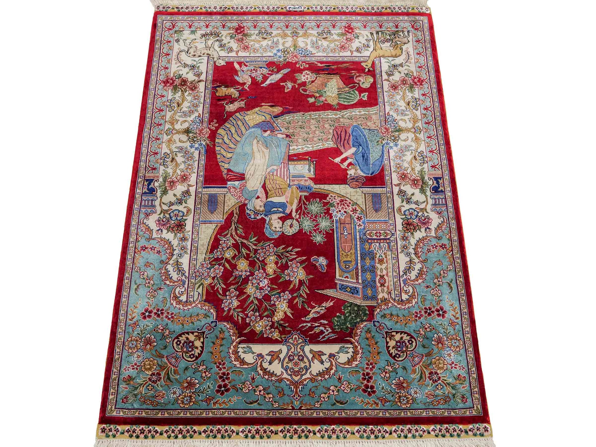 Sehr feiner, handgeknüpfter Khademi Orientteppich mit Ghom Design aus reiner Seide, rot, blau, creme. 92x63 cm. Vertrieb durch Jupiter Intl.