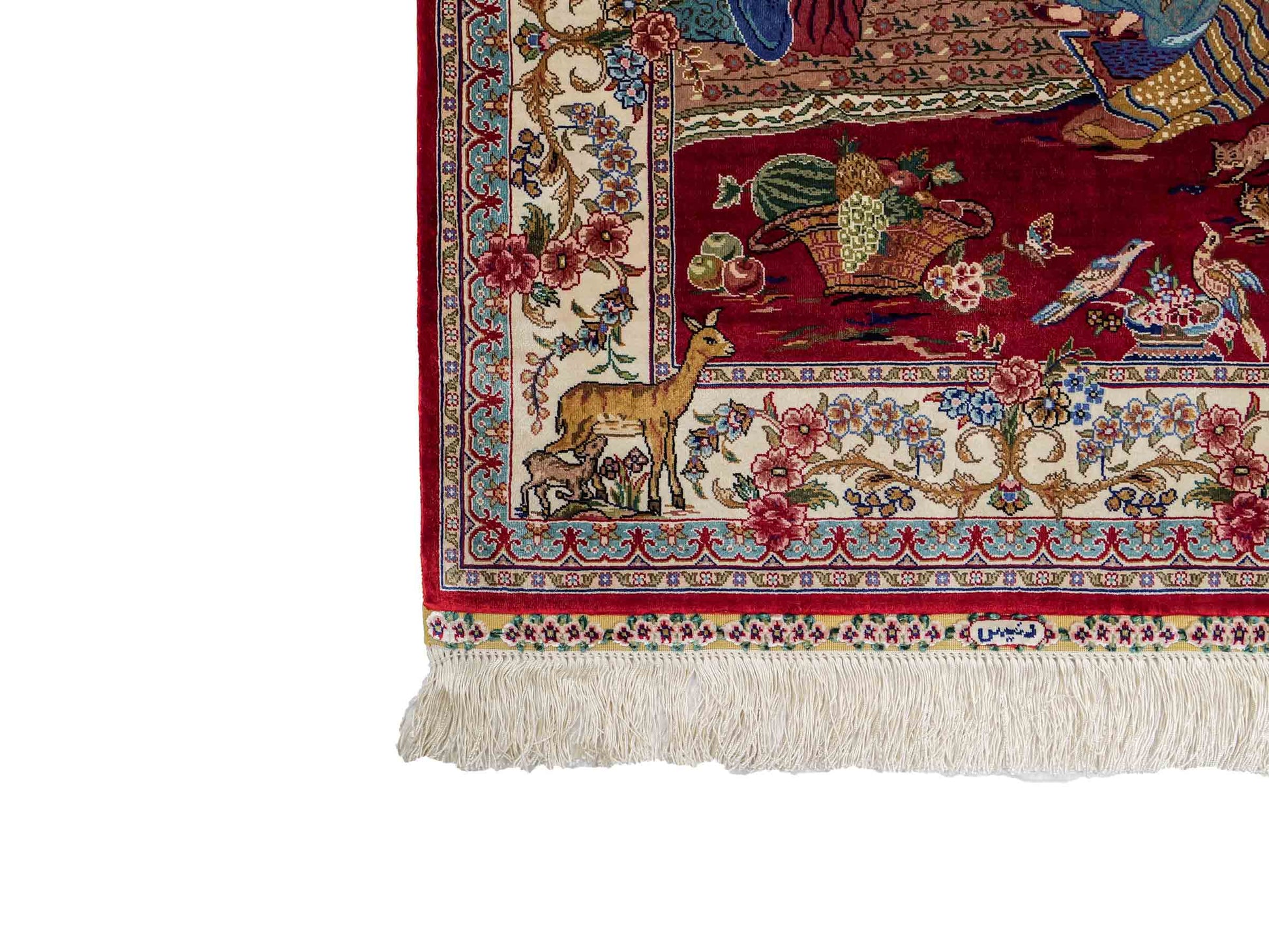 Sehr feiner, handgeknüpfter Khademi Orientteppich mit Ghom Design aus reiner Seide, rot, blau, creme. 92x63 cm. Vertrieb durch Jupiter Intl.