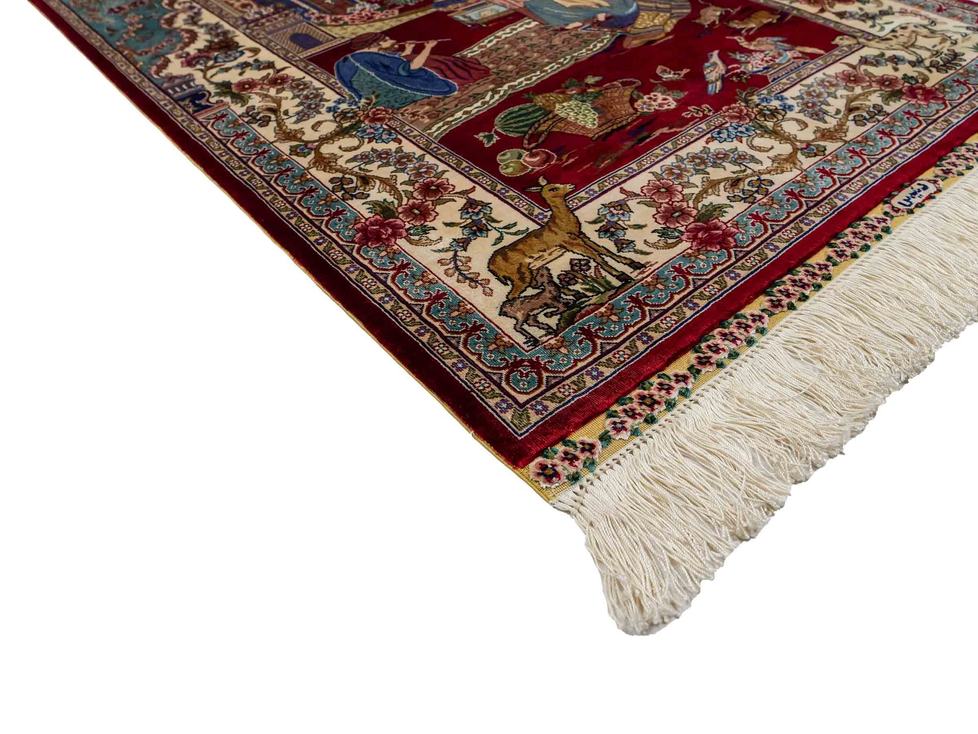 Sehr feiner, handgeknüpfter Khademi Orientteppich mit Ghom Design aus reiner Seide, rot, blau, creme. 92x63 cm. Vertrieb durch Jupiter Intl.