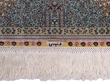 Extrem feiner, handgeknüpfter Khademi Orientteppich mit Ghom Design aus purer Seide, blau, multicolor. 92x63 cm. Vertrieb durch Jupiter Intl.