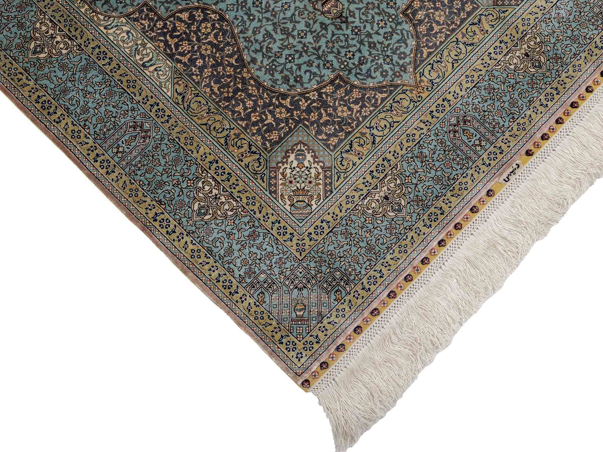 Extrem feiner, handgeknüpfter Khademi Orientteppich mit Ghom Design aus purer Seide, blau, multicolor. 92x63 cm. Vertrieb durch Jupiter Intl.