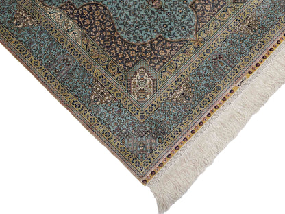 Extrem feiner, handgeknüpfter Khademi Orientteppich mit Ghom Design aus purer Seide, blau, multicolor. 92x63 cm. Vertrieb durch Jupiter Intl.