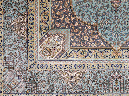 Extrem feiner, handgeknüpfter Khademi Orientteppich mit Ghom Design aus purer Seide, blau, multicolor. 92x63 cm. Vertrieb durch Jupiter Intl.