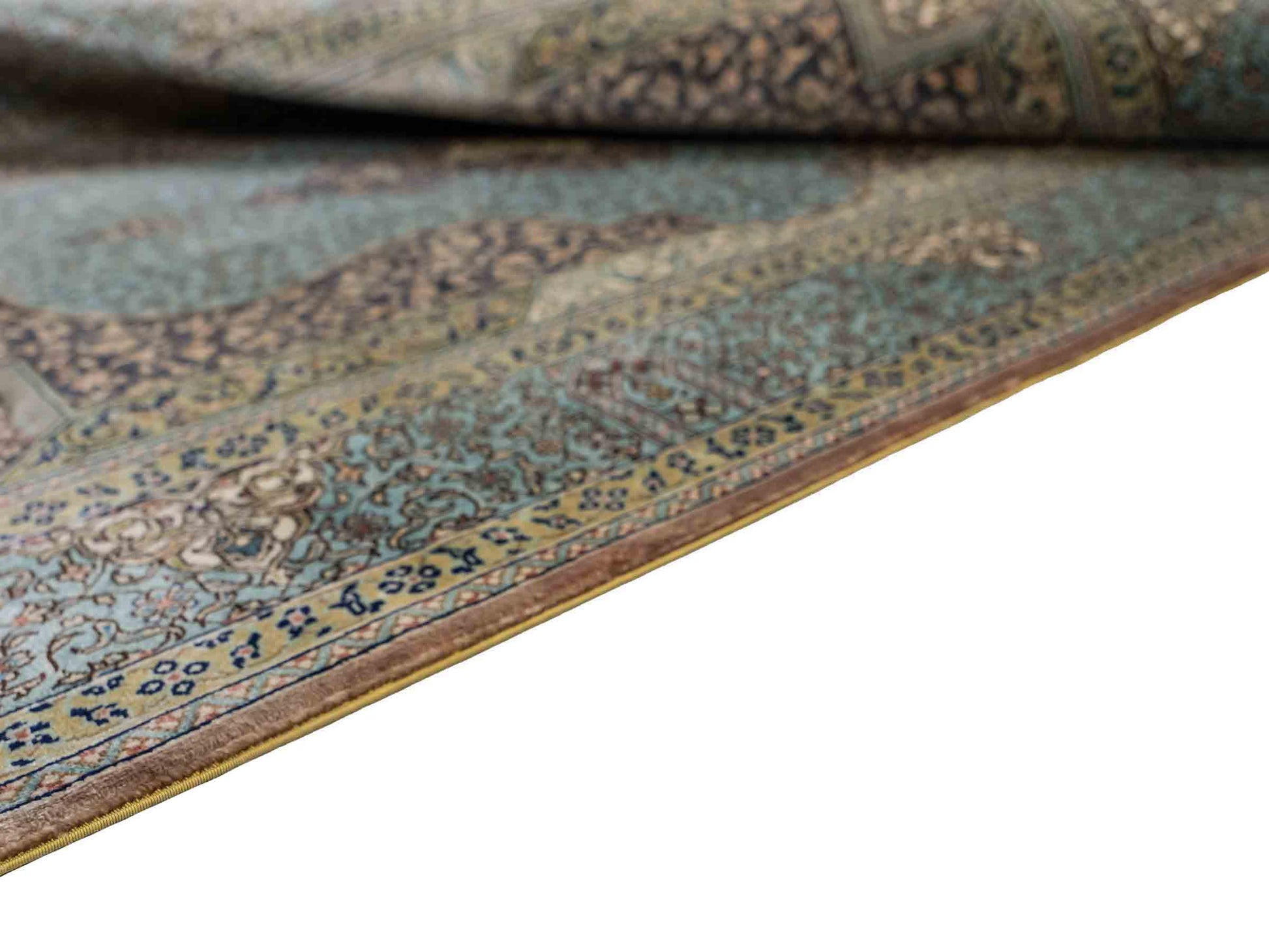 Extrem feiner, handgeknüpfter Khademi Orientteppich mit Ghom Design aus purer Seide, blau, multicolor. 92x63 cm. Vertrieb durch Jupiter Intl.