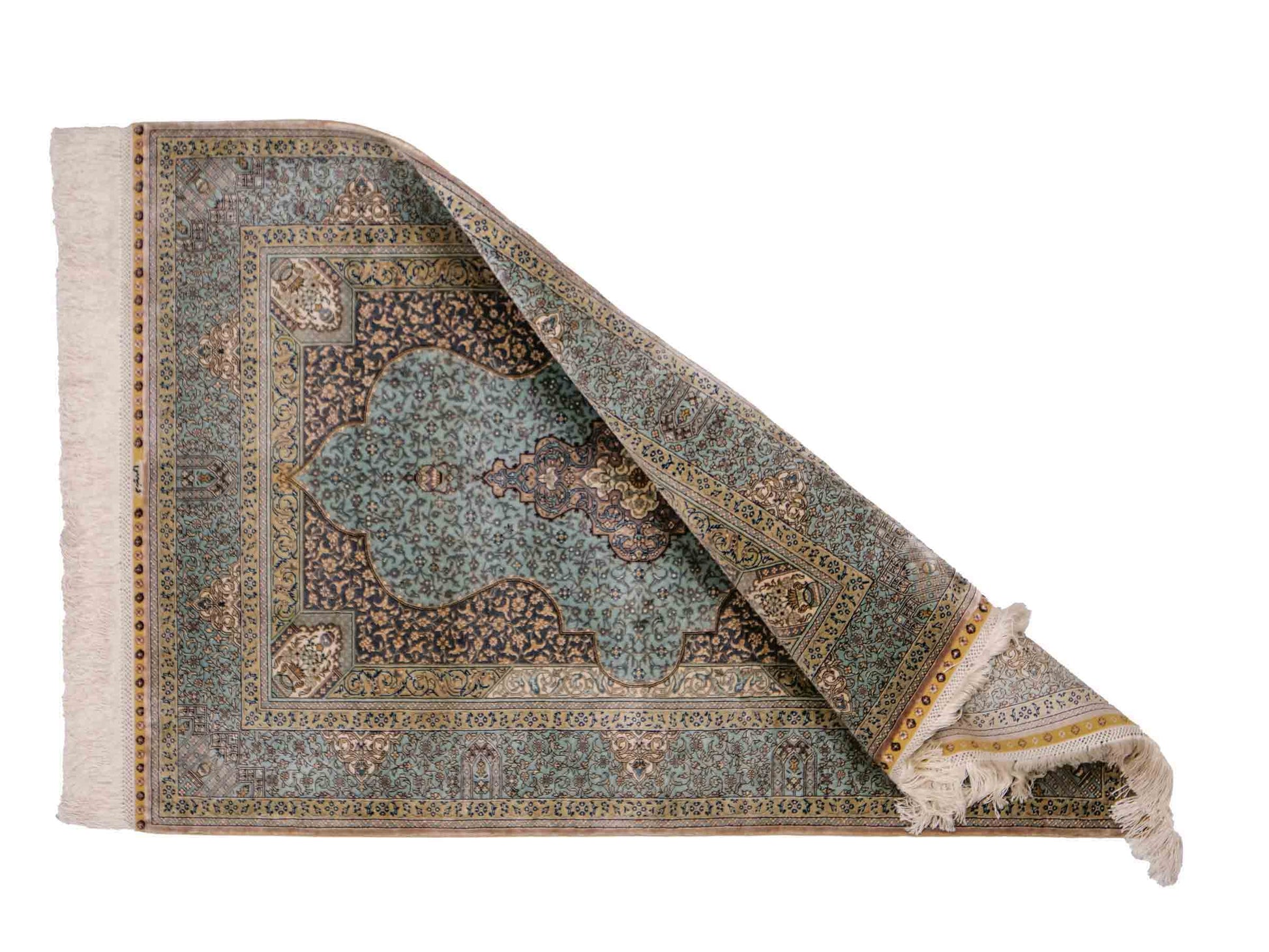 Extrem feiner, handgeknüpfter Khademi Orientteppich mit Ghom Design aus purer Seide, blau, multicolor. 92x63 cm. Vertrieb durch Jupiter Intl.