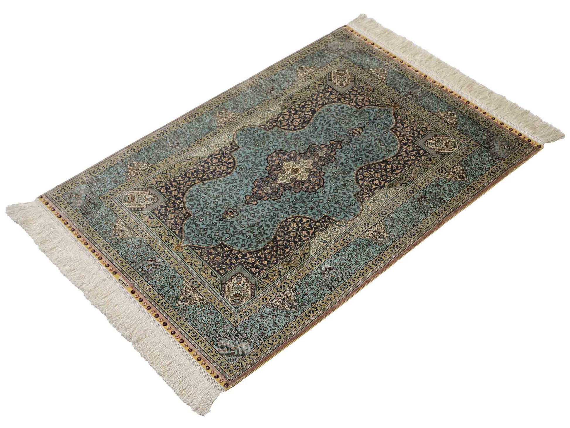 Extrem feiner, handgeknüpfter Khademi Orientteppich mit Ghom Design aus purer Seide, blau, multicolor. 92x63 cm. Vertrieb durch Jupiter Intl.