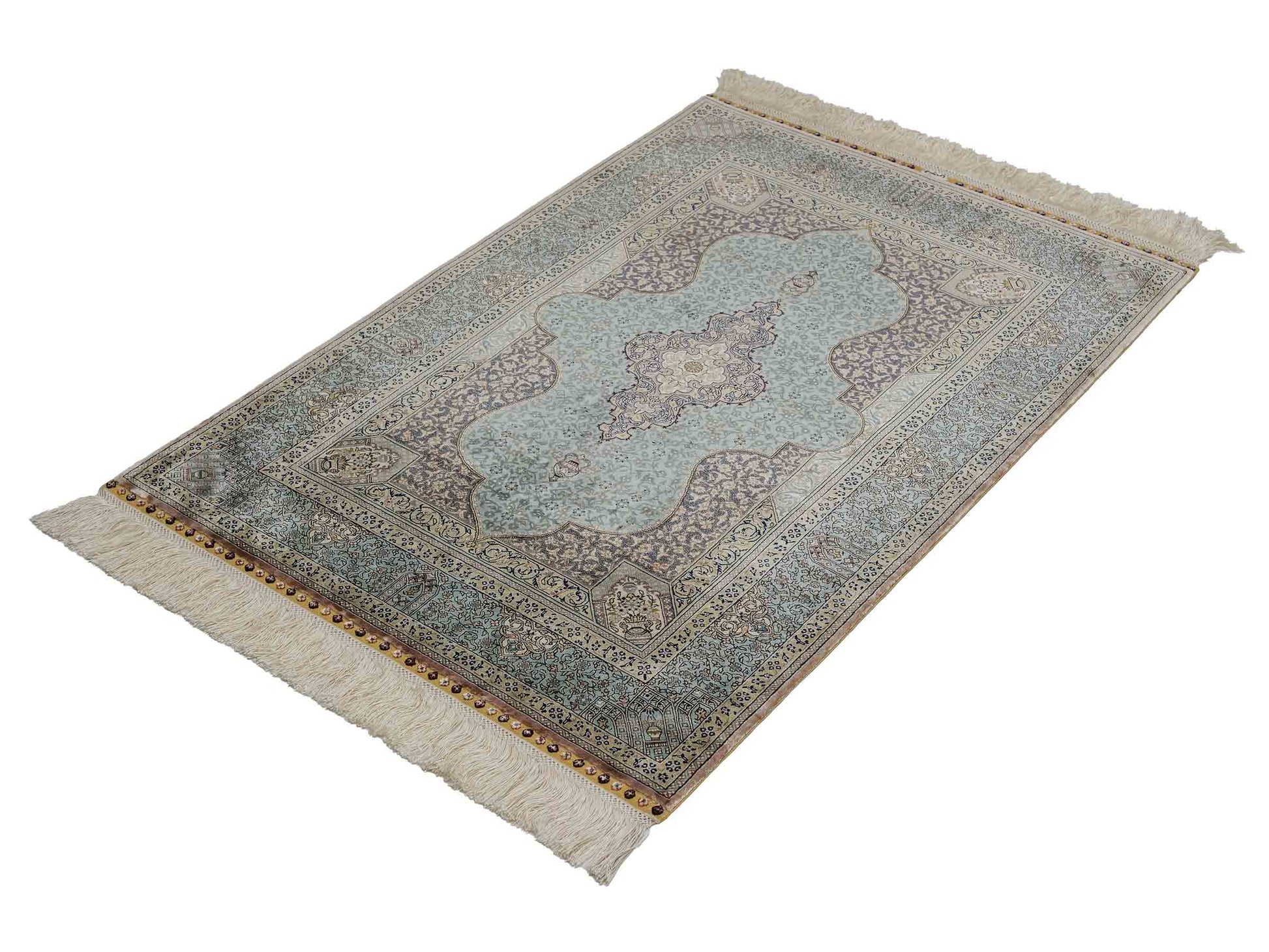 Extrem feiner, handgeknüpfter Khademi Orientteppich mit Ghom Design aus purer Seide, blau, multicolor. 92x63 cm. Vertrieb durch Jupiter Intl.