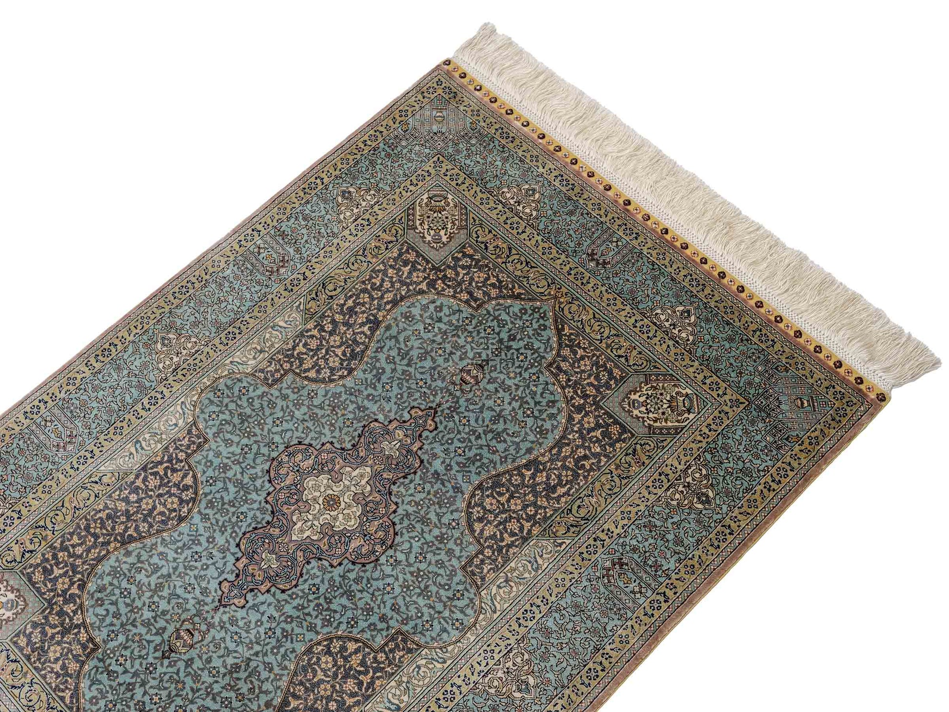 Extrem feiner, handgeknüpfter Khademi Orientteppich mit Ghom Design aus purer Seide, blau, multicolor. 92x63 cm. Vertrieb durch Jupiter Intl.