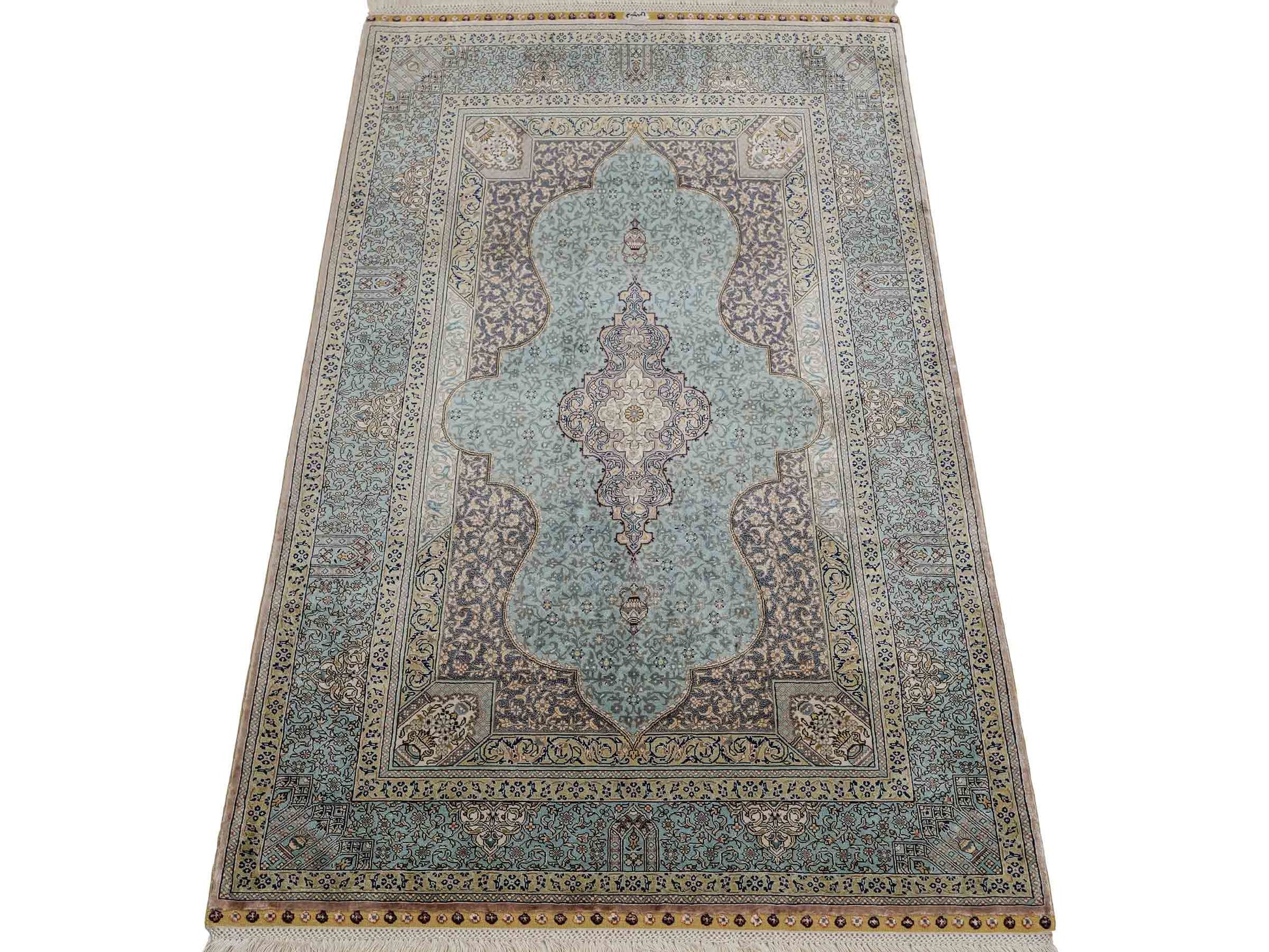 Extrem feiner, handgeknüpfter Khademi Orientteppich mit Ghom Design aus purer Seide, blau, multicolor. 92x63 cm. Vertrieb durch Jupiter Intl.