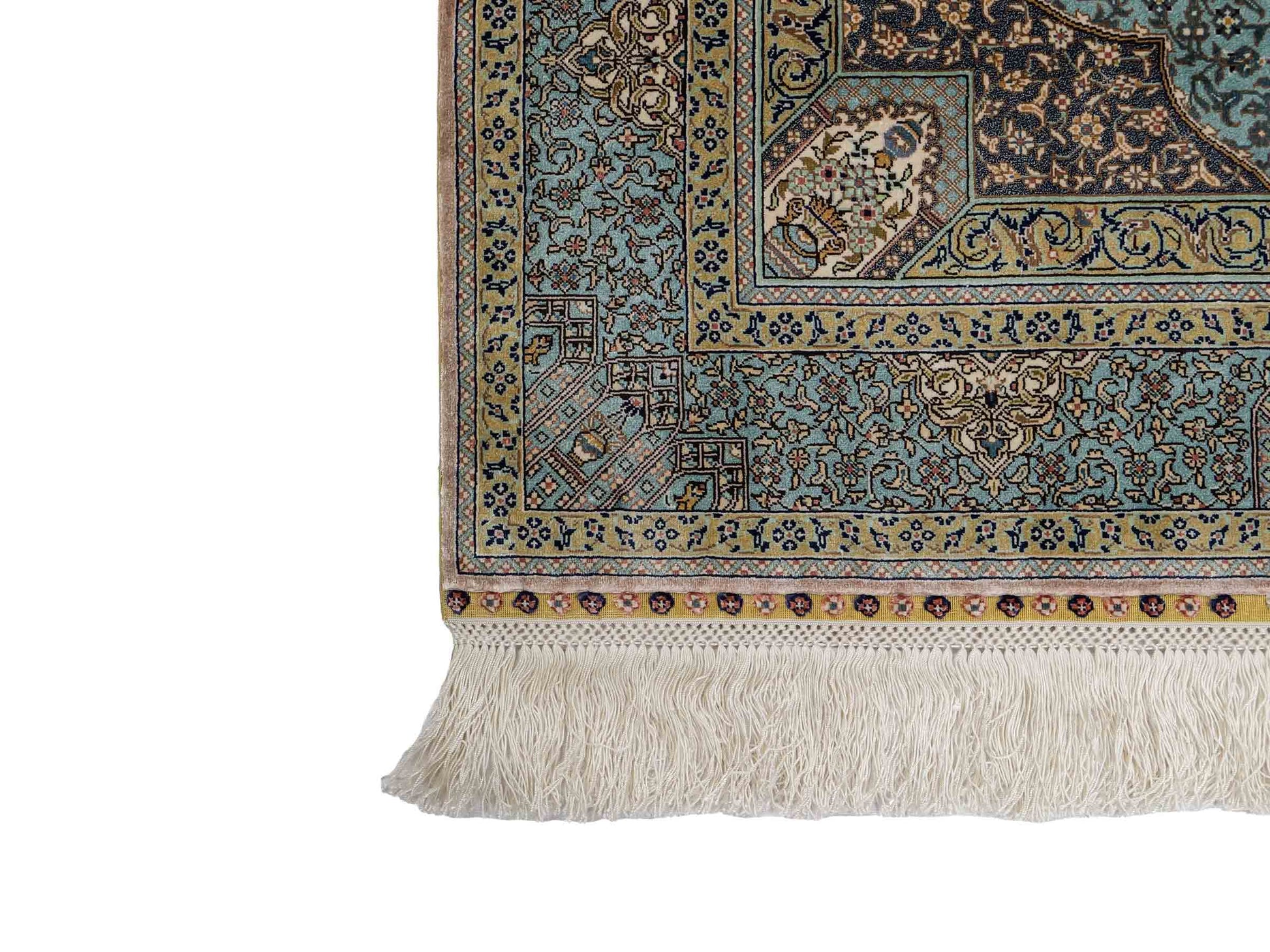 Extrem feiner, handgeknüpfter Khademi Orientteppich mit Ghom Design aus purer Seide, blau, multicolor. 92x63 cm. Vertrieb durch Jupiter Intl.