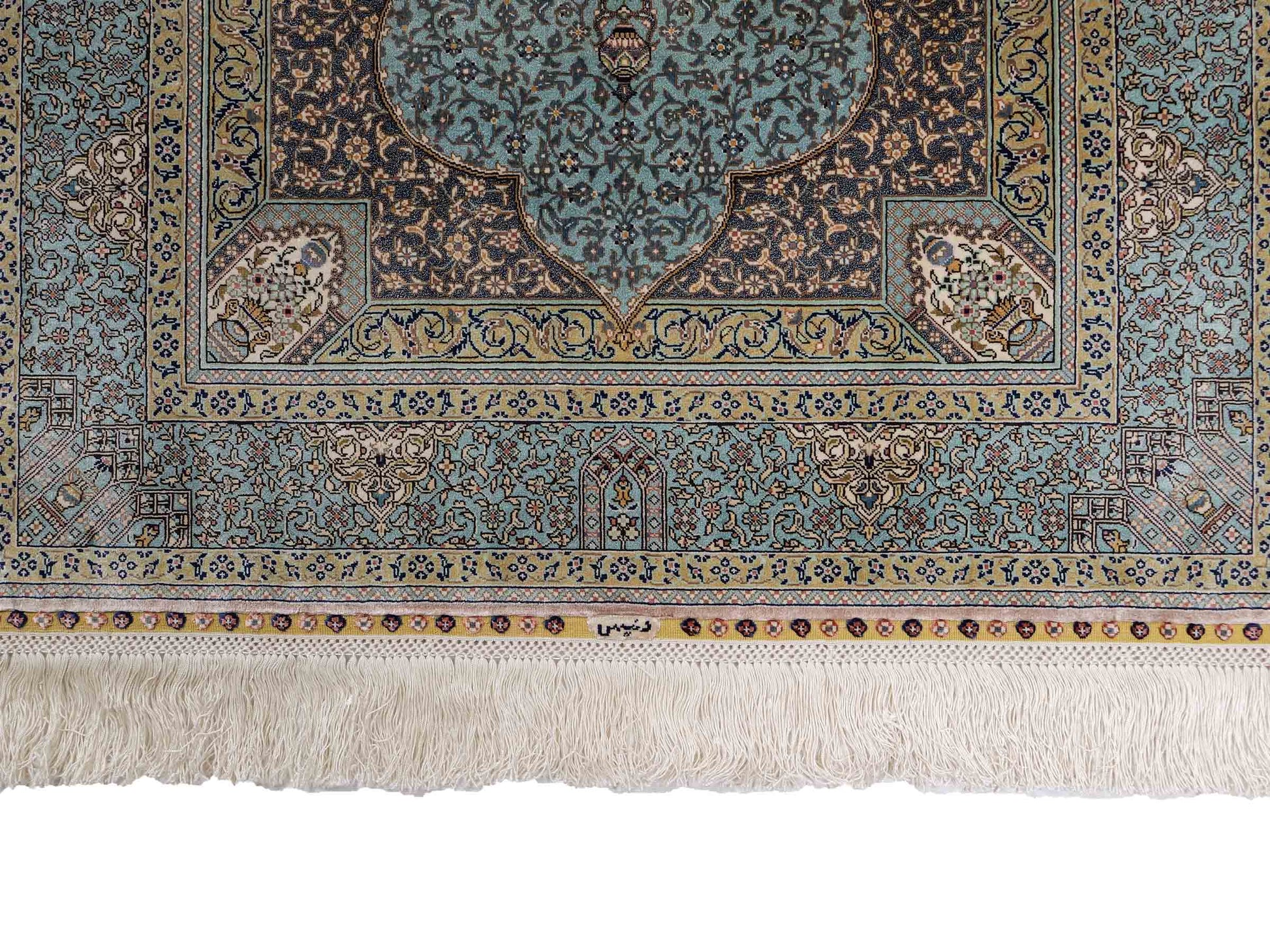 Extrem feiner, handgeknüpfter Khademi Orientteppich mit Ghom Design aus purer Seide, blau, multicolor. 92x63 cm. Vertrieb durch Jupiter Intl.