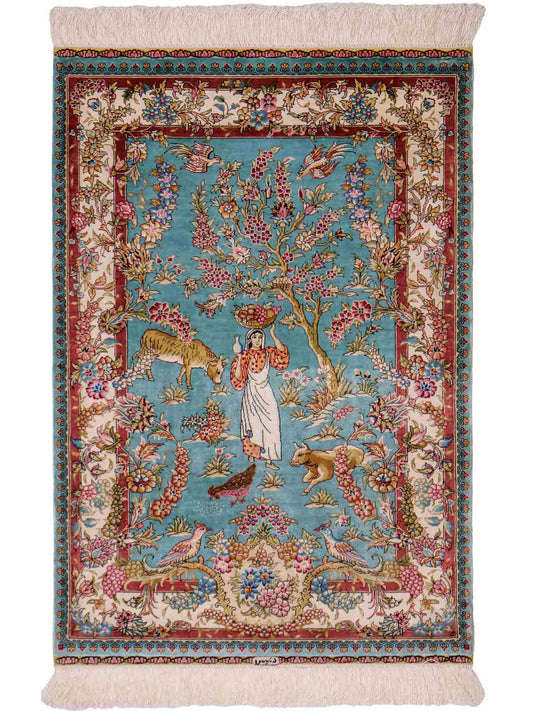 Sehr feiner, handgeknüpfter Khademi Orientteppich mit Ghom Design aus reiner Seide, blau, rot, creme, weiß. 93x63 cm. Vertrieb durch Jupiter Intl.