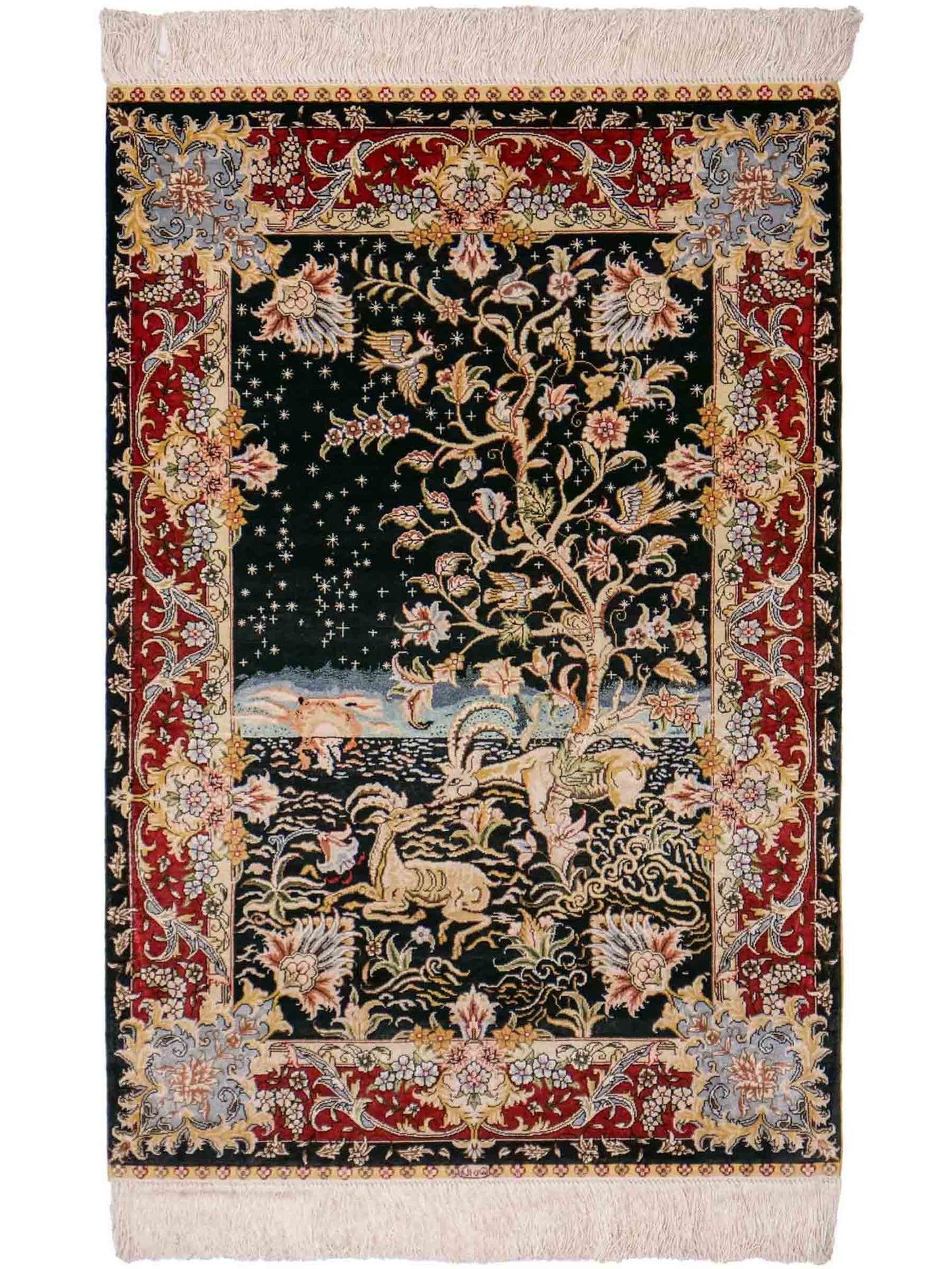 Sehr feiner, handgeknüpfter Khademi Orientteppich mit Ghom Design aus reiner Seide, schwarz, rot. 93x63 cm. Vertrieb durch Jupiter Intl.