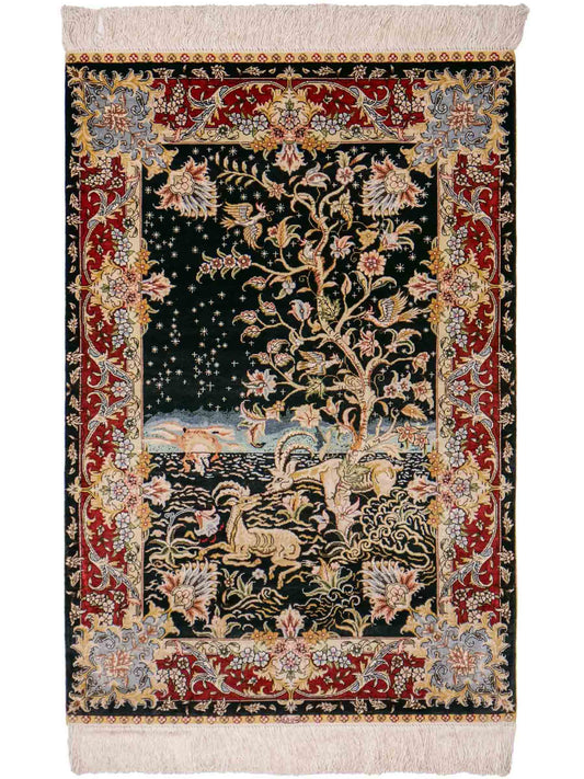Sehr feiner, handgeknüpfter Khademi Orientteppich mit Ghom Design aus reiner Seide, schwarz, rot. 93x63 cm. Vertrieb durch Jupiter Intl.