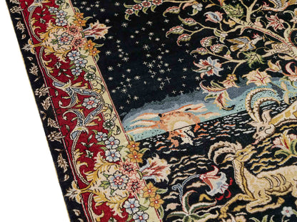 Sehr feiner, handgeknüpfter Khademi Orientteppich mit Ghom Design aus reiner Seide, schwarz, rot. 93x63 cm. Vertrieb durch Jupiter Intl.