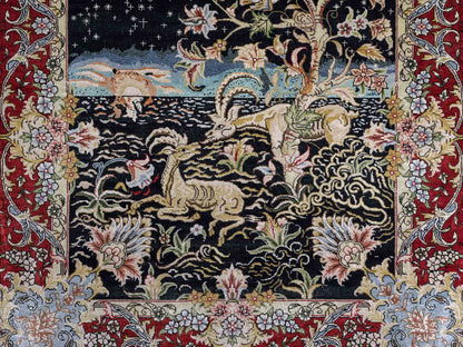 Sehr feiner, handgeknüpfter Khademi Orientteppich mit Ghom Design aus reiner Seide, schwarz, rot. 93x63 cm. Vertrieb durch Jupiter Intl.