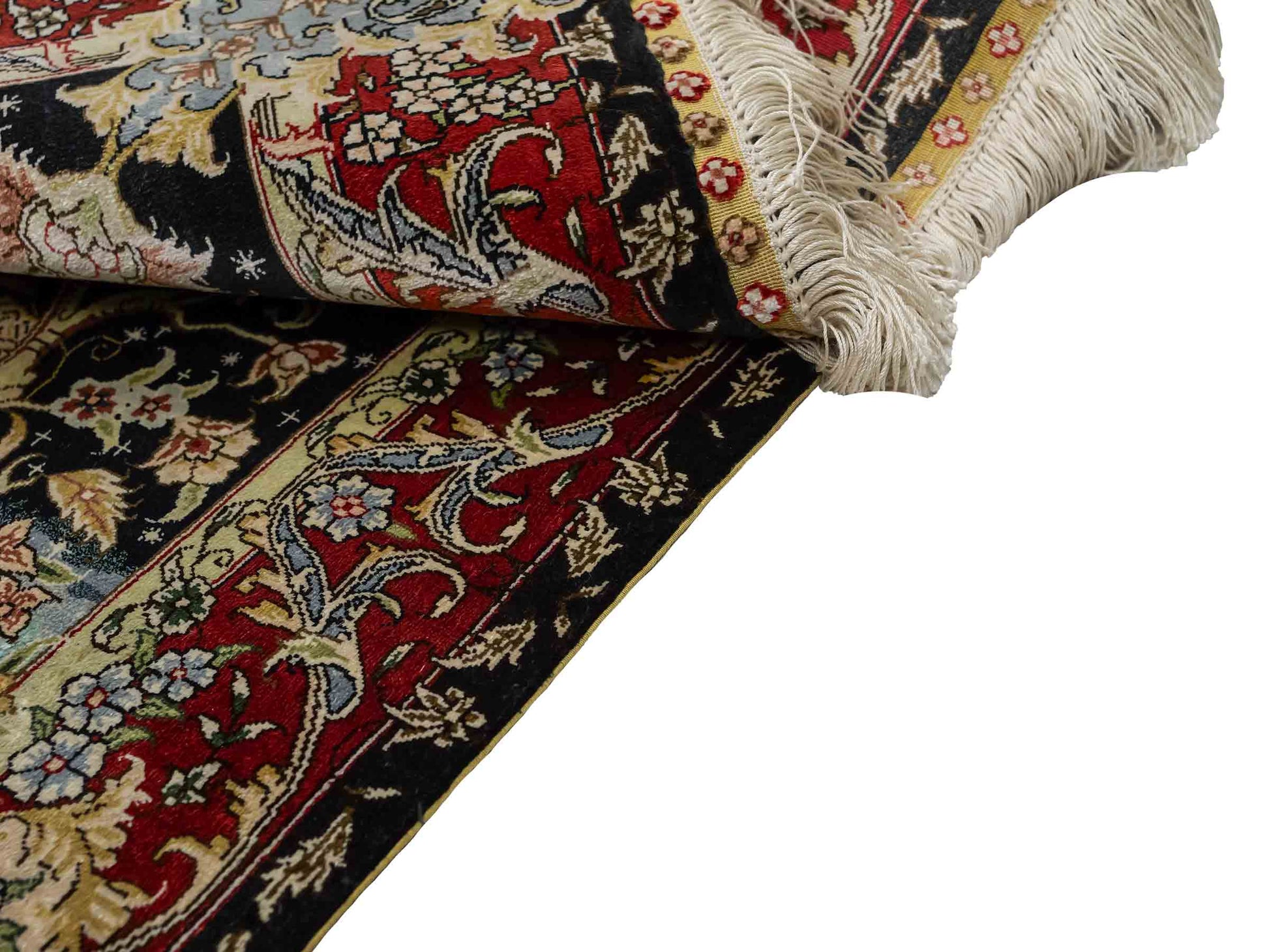 Sehr feiner, handgeknüpfter Khademi Orientteppich mit Ghom Design aus reiner Seide, schwarz, rot. 93x63 cm. Vertrieb durch Jupiter Intl.