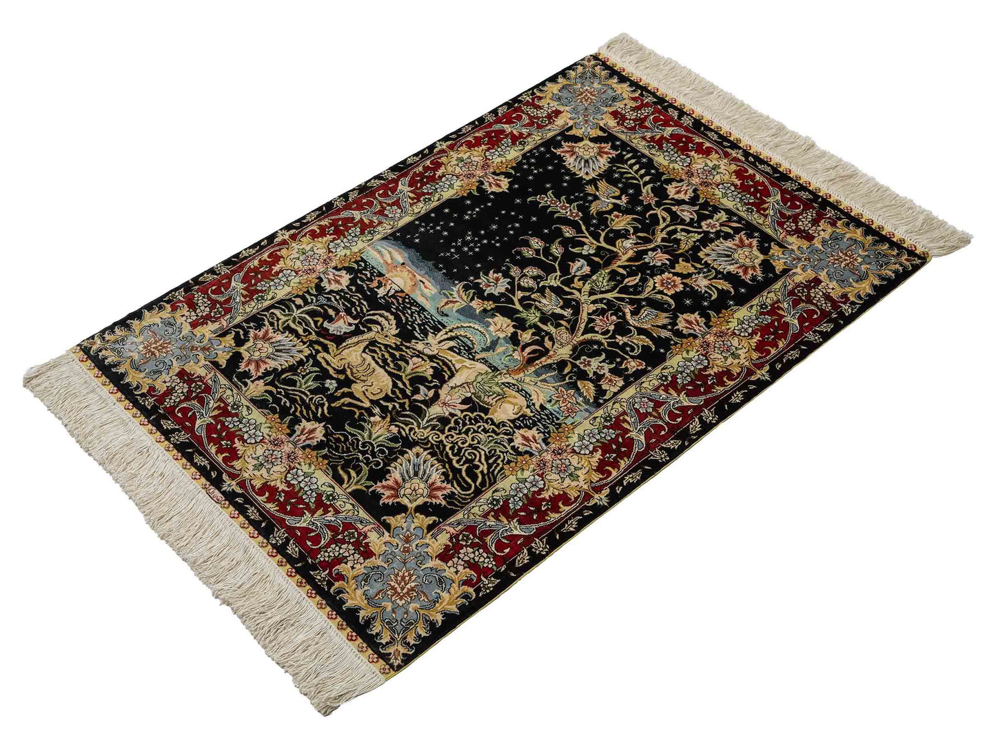 Sehr feiner, handgeknüpfter Khademi Orientteppich mit Ghom Design aus reiner Seide, schwarz, rot. 93x63 cm. Vertrieb durch Jupiter Intl.