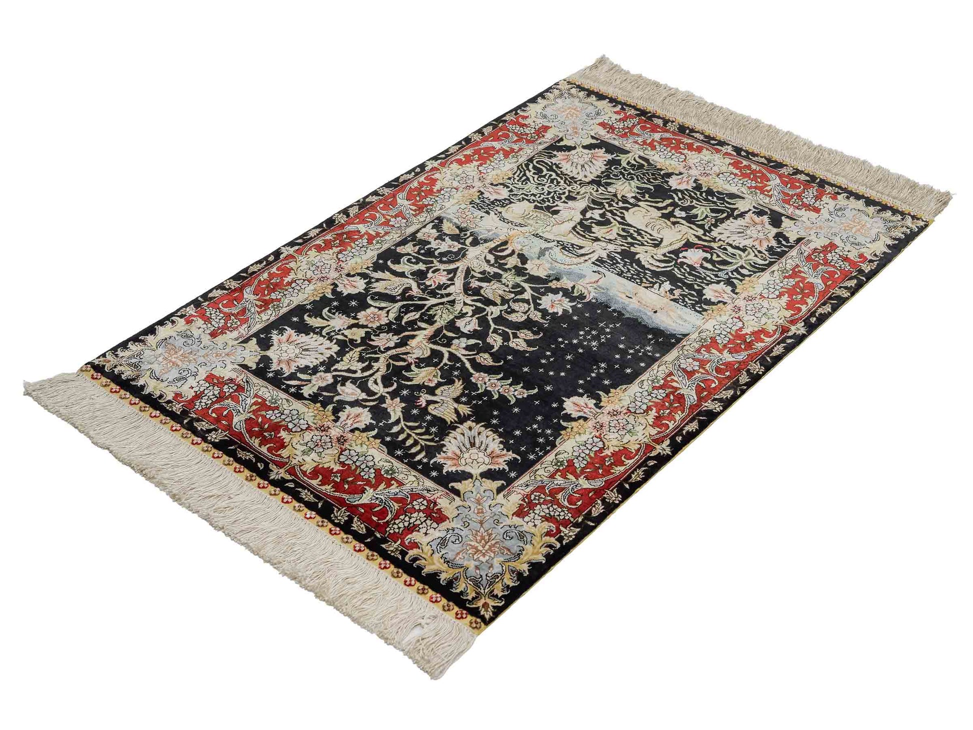 Sehr feiner, handgeknüpfter Khademi Orientteppich mit Ghom Design aus reiner Seide, schwarz, rot. 93x63 cm. Vertrieb durch Jupiter Intl.