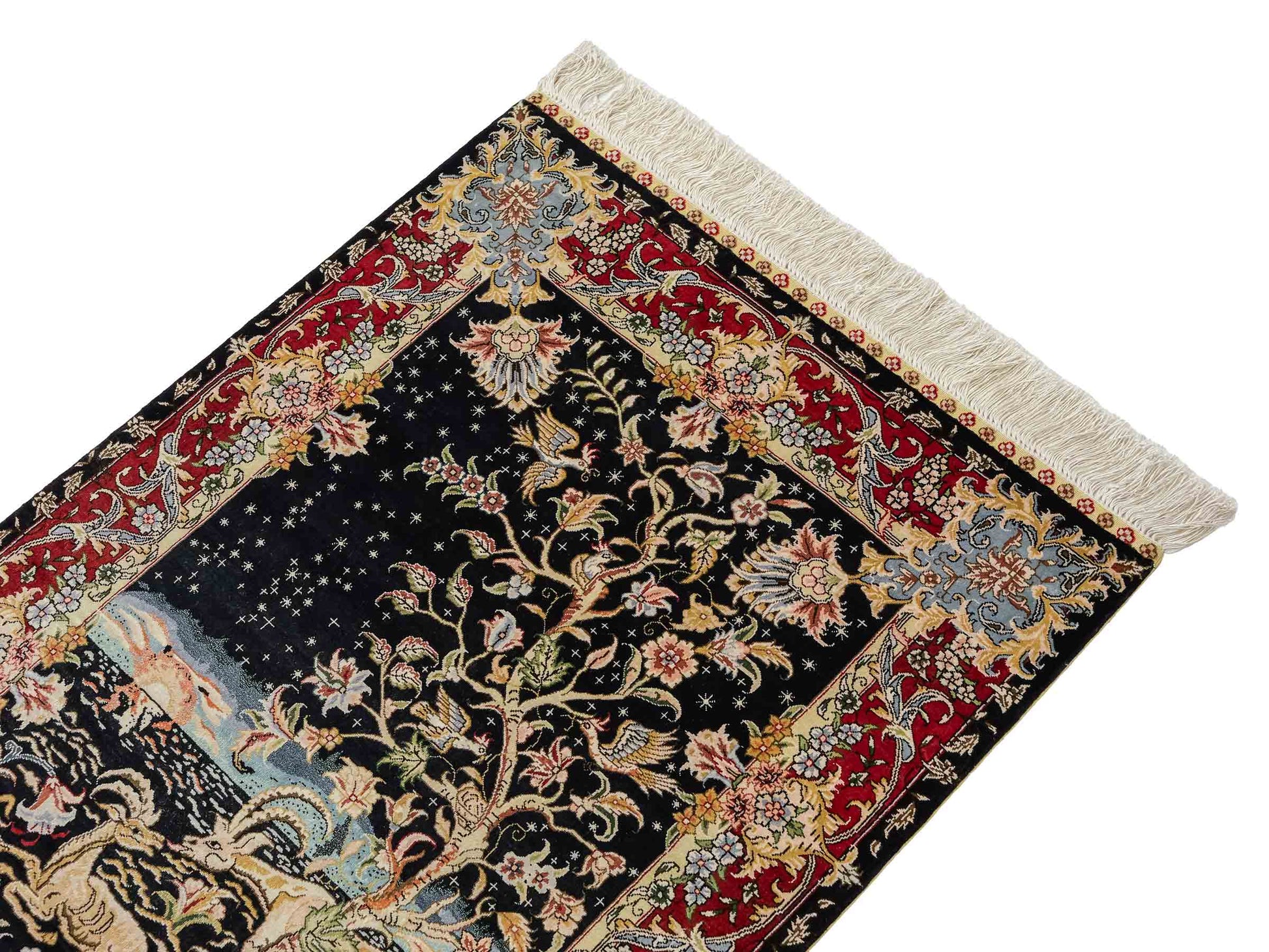 Sehr feiner, handgeknüpfter Khademi Orientteppich mit Ghom Design aus reiner Seide, schwarz, rot. 93x63 cm. Vertrieb durch Jupiter Intl.