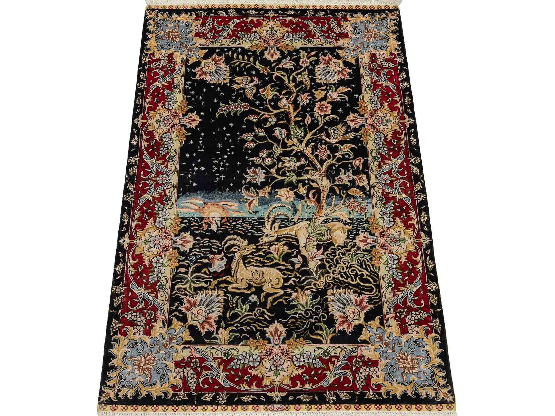 Sehr feiner, handgeknüpfter Khademi Orientteppich mit Ghom Design aus reiner Seide, schwarz, rot. 93x63 cm. Vertrieb durch Jupiter Intl.