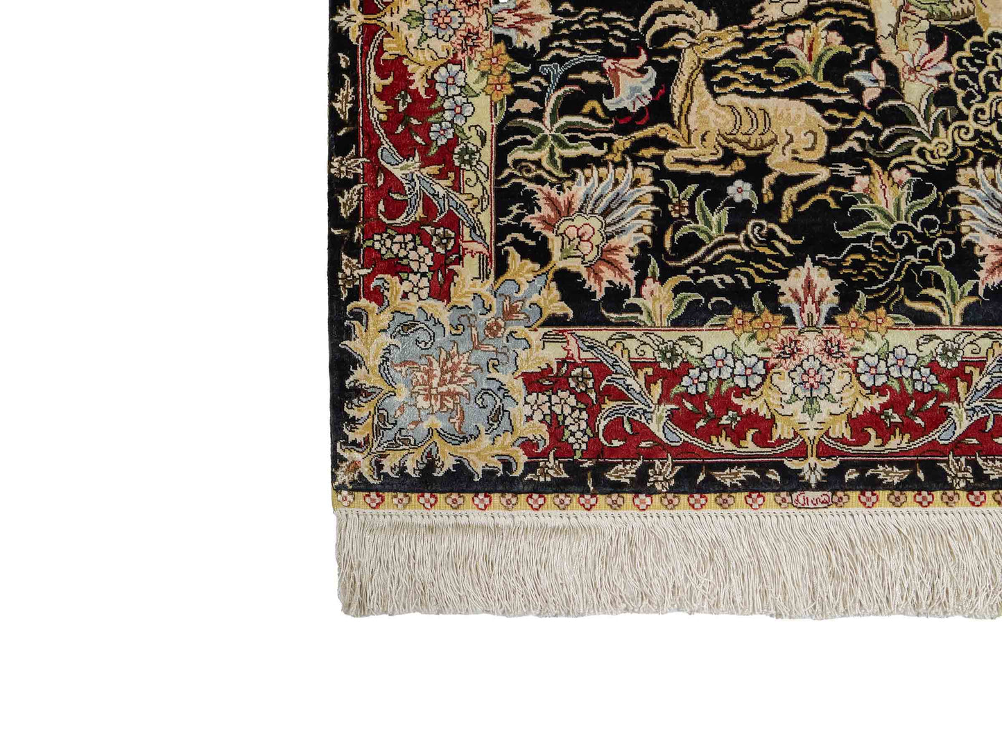 Sehr feiner, handgeknüpfter Khademi Orientteppich mit Ghom Design aus reiner Seide, schwarz, rot. 93x63 cm. Vertrieb durch Jupiter Intl.