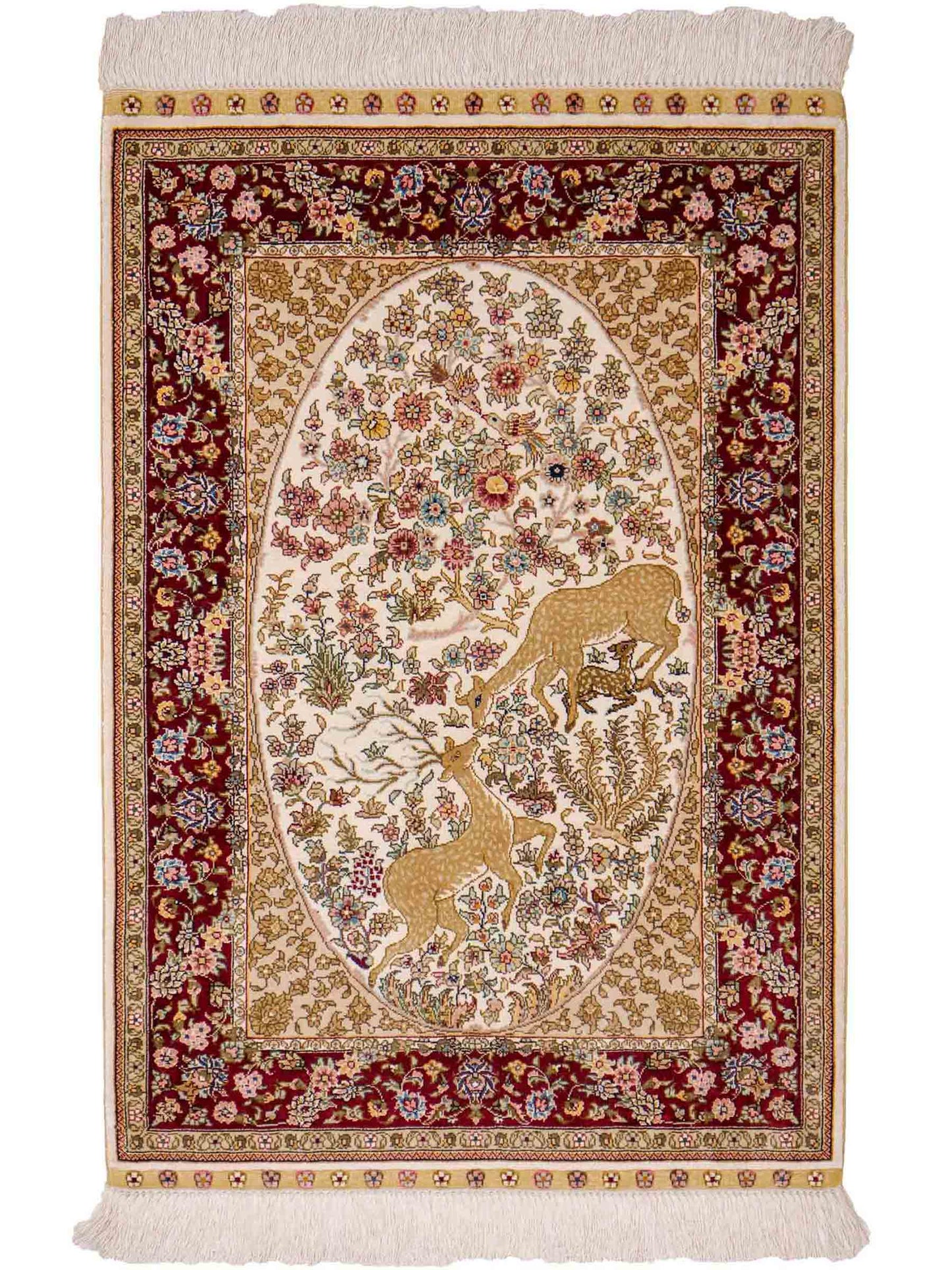 Sehr feiner, handgeknüpfter Khademi Orientteppich mit Ghom Design aus reiner Seide, creme, weiß, rot, beige. 93x63 cm. Vertrieb durch Jupiter Intl.