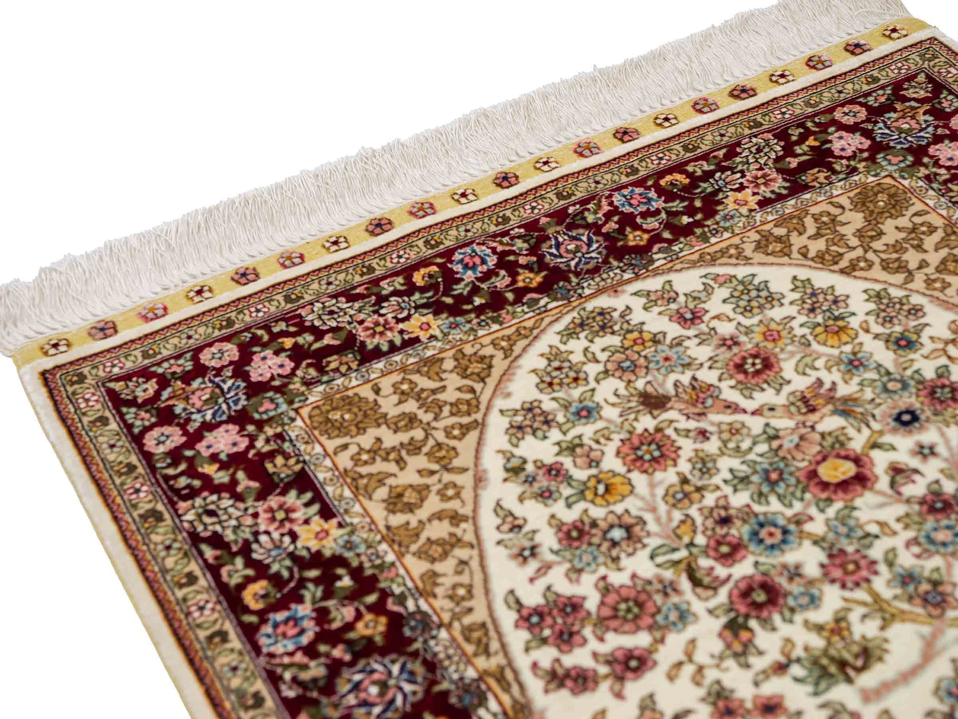 Sehr feiner, handgeknüpfter Khademi Orientteppich mit Ghom Design aus reiner Seide, creme, weiß, rot, beige. 93x63 cm. Vertrieb durch Jupiter Intl.