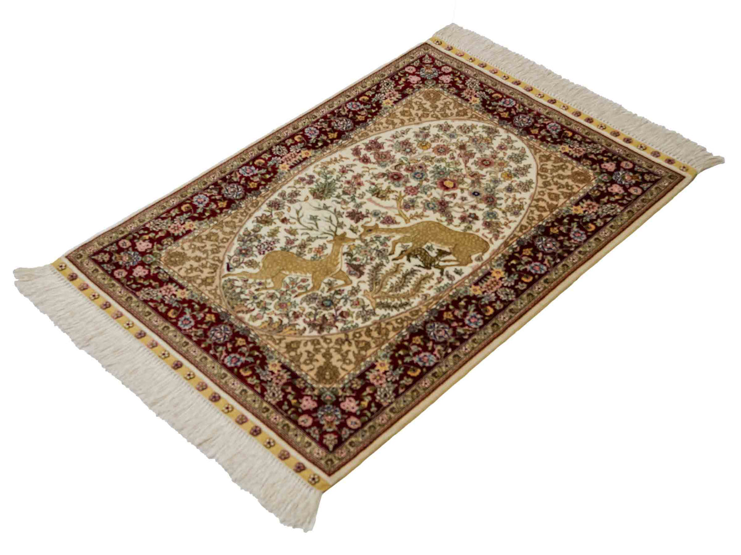Sehr feiner, handgeknüpfter Khademi Orientteppich mit Ghom Design aus reiner Seide, creme, weiß, rot, beige. 93x63 cm. Vertrieb durch Jupiter Intl.