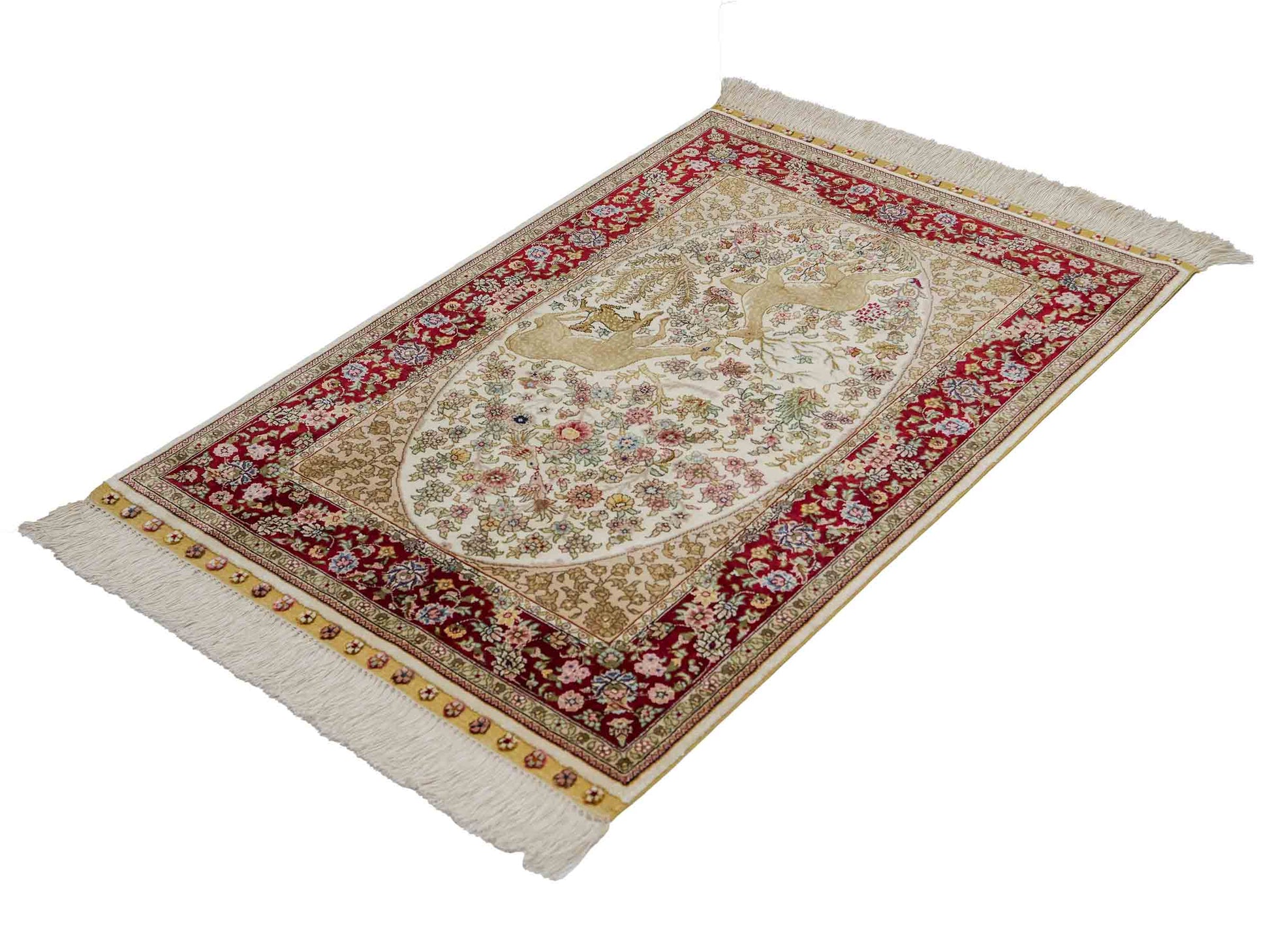 Sehr feiner, handgeknüpfter Khademi Orientteppich mit Ghom Design aus reiner Seide, creme, weiß, rot, beige. 93x63 cm. Vertrieb durch Jupiter Intl.