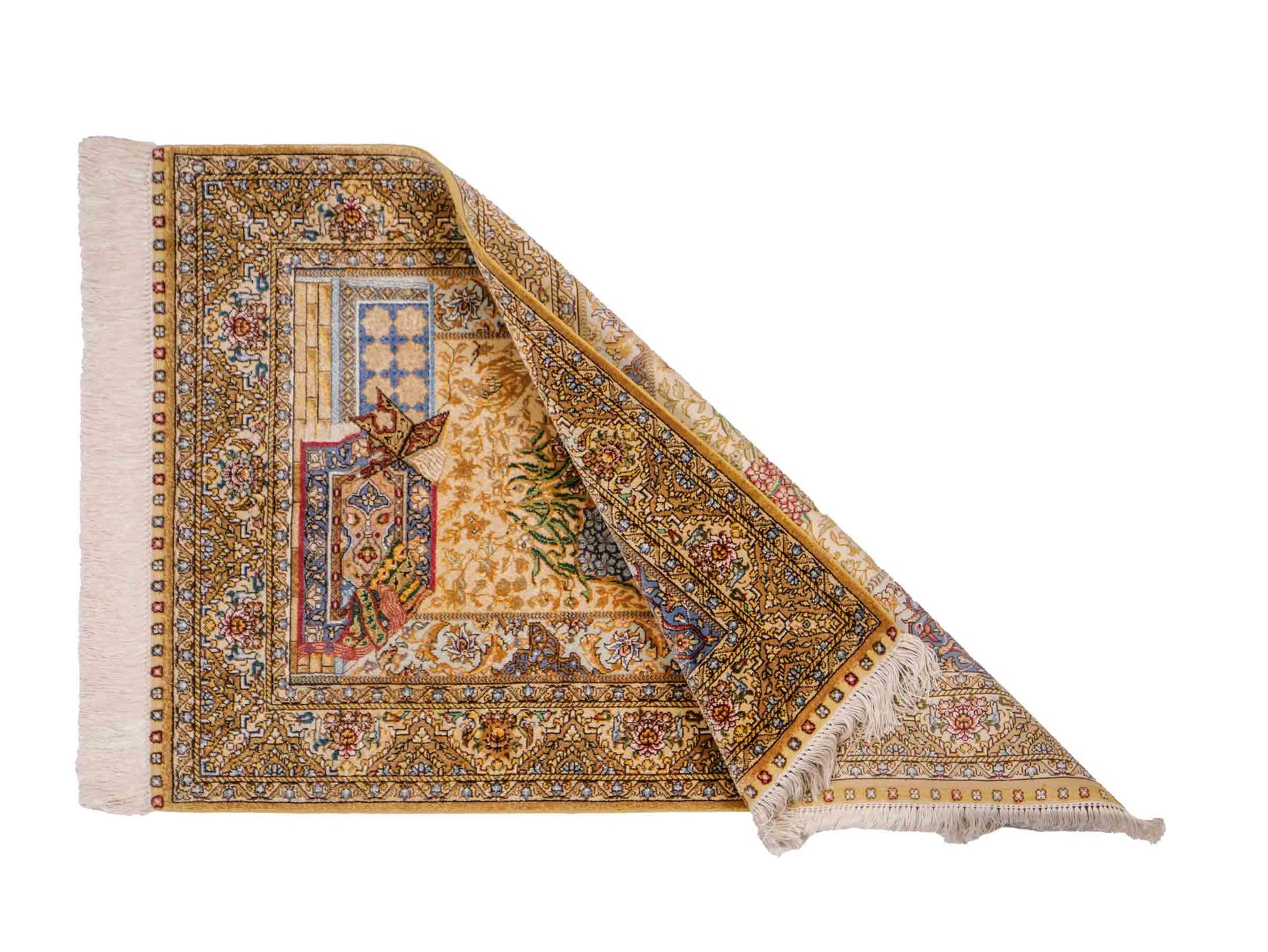 Sehr feiner, handgeknüpfter Khademi Orientteppich mit Ghom Design aus reiner Seide, gold, beige, blau. 93x63 cm. Vertrieb durch Jupiter Intl.