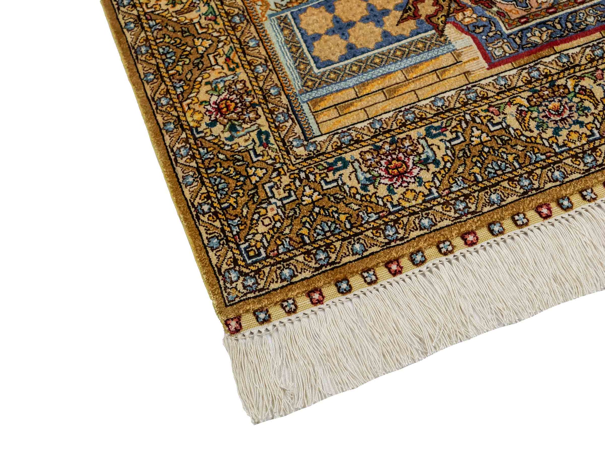 Sehr feiner, handgeknüpfter Khademi Orientteppich mit Ghom Design aus reiner Seide, gold, beige, blau. 93x63 cm. Vertrieb durch Jupiter Intl.