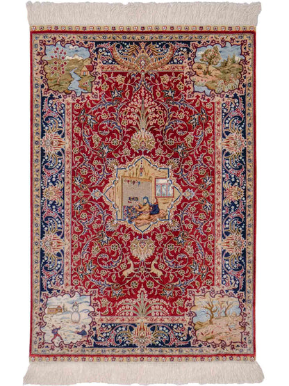 Sehr feiner, handgeknüpfter Khademi Orientteppich mit Ghom Design aus reiner Seide, rot, blau. 93x63 cm. Vertrieb durch Jupiter Intl.