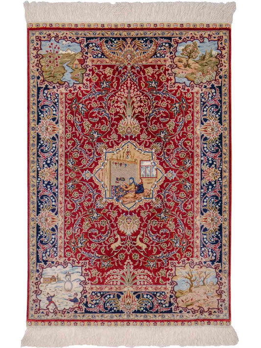Sehr feiner, handgeknüpfter Khademi Orientteppich mit Ghom Design aus reiner Seide, rot, blau. 93x63 cm. Vertrieb durch Jupiter Intl.