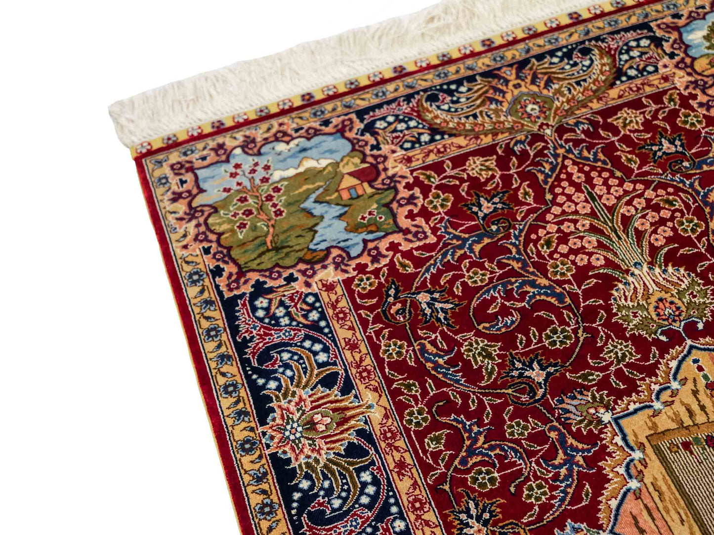 Sehr feiner, handgeknüpfter Khademi Orientteppich mit Ghom Design aus reiner Seide, rot, blau. 93x63 cm. Vertrieb durch Jupiter Intl.