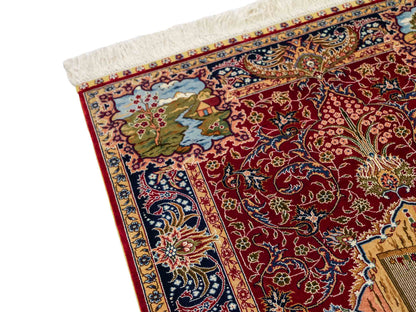 Sehr feiner, handgeknüpfter Khademi Orientteppich mit Ghom Design aus reiner Seide, rot, blau. 93x63 cm. Vertrieb durch Jupiter Intl.