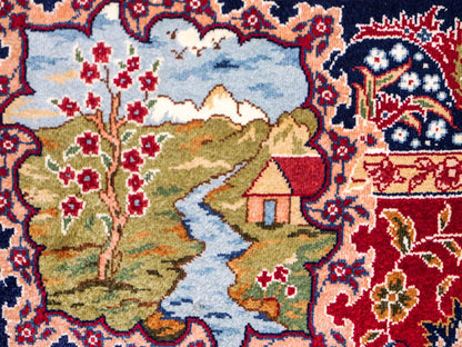Sehr feiner, handgeknüpfter Khademi Orientteppich mit Ghom Design aus reiner Seide, rot, blau. 93x63 cm. Vertrieb durch Jupiter Intl.