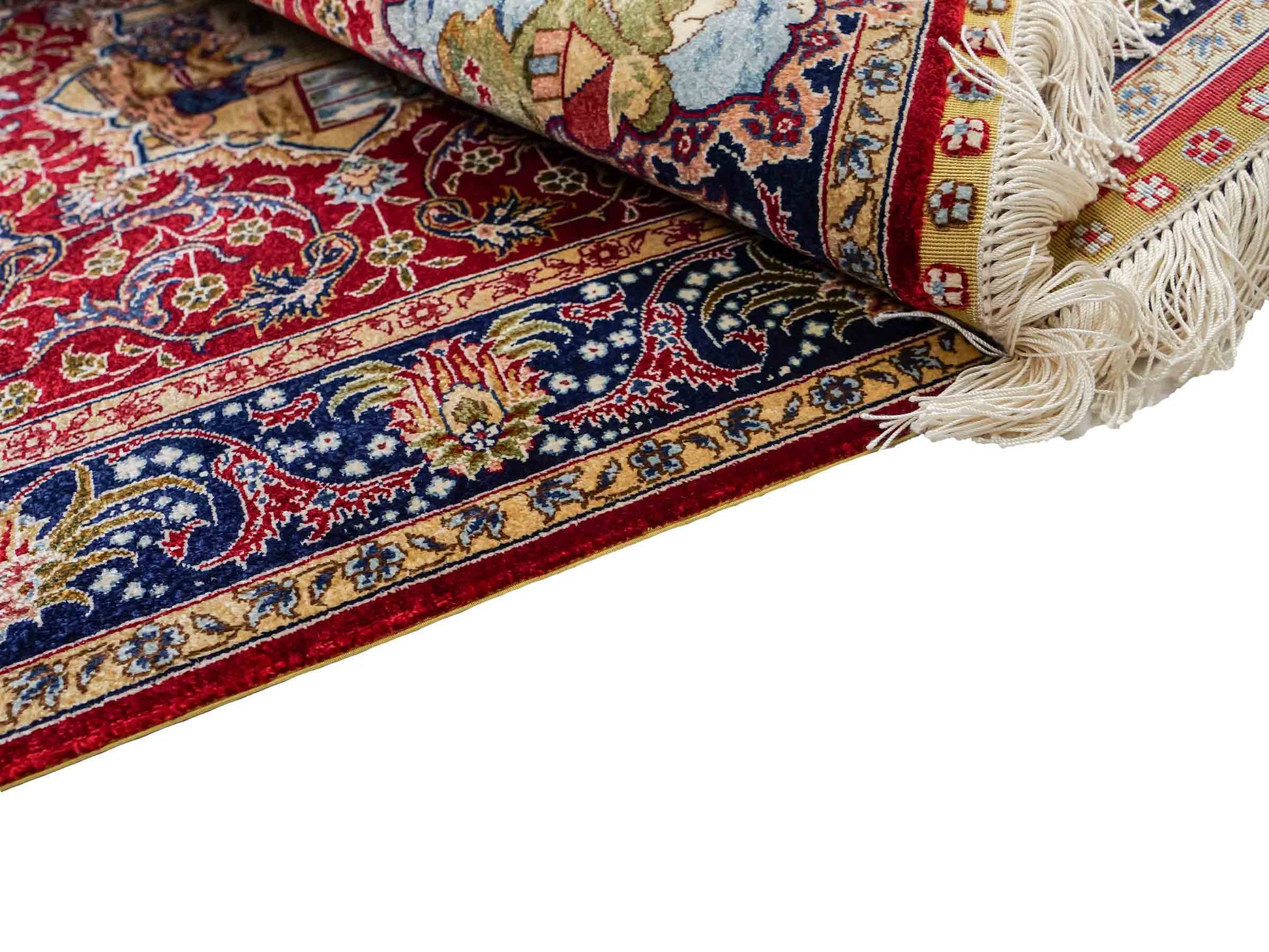 Sehr feiner, handgeknüpfter Khademi Orientteppich mit Ghom Design aus reiner Seide, rot, blau. 93x63 cm. Vertrieb durch Jupiter Intl.