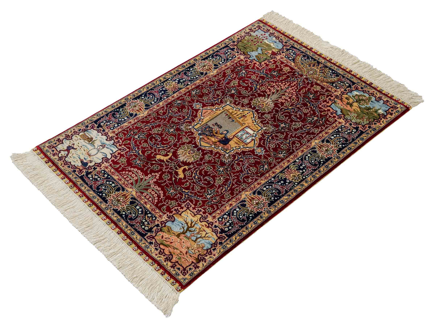 Sehr feiner, handgeknüpfter Khademi Orientteppich mit Ghom Design aus reiner Seide, rot, blau. 93x63 cm. Vertrieb durch Jupiter Intl.