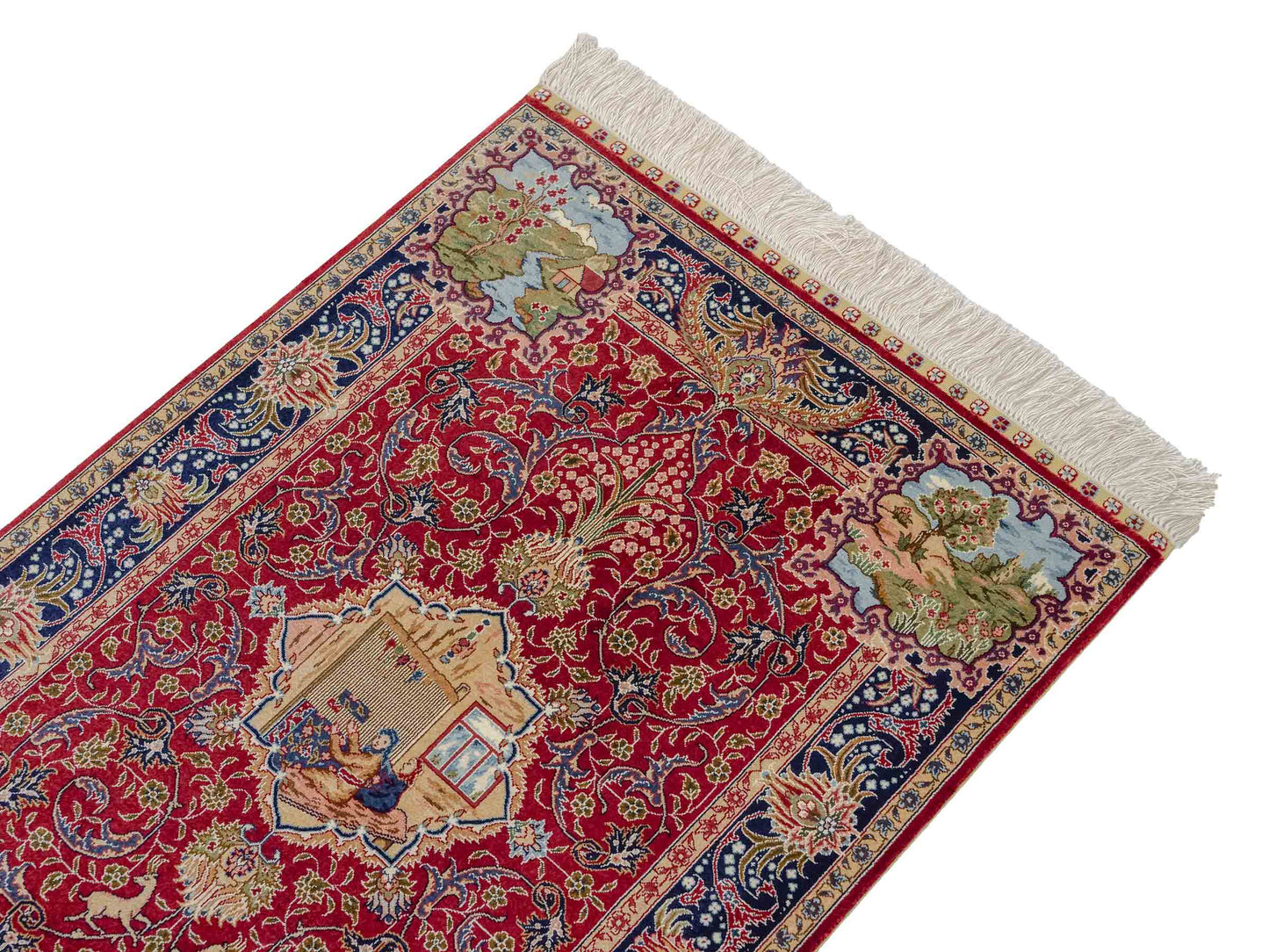 Sehr feiner, handgeknüpfter Khademi Orientteppich mit Ghom Design aus reiner Seide, rot, blau. 93x63 cm. Vertrieb durch Jupiter Intl.