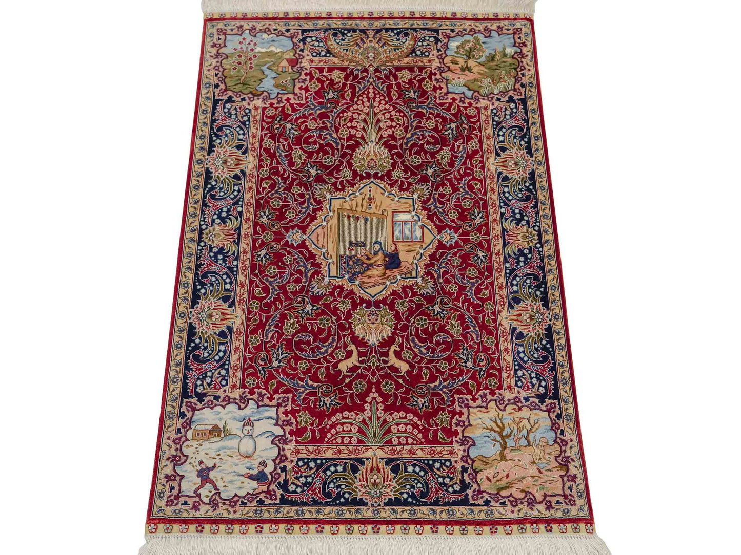 Sehr feiner, handgeknüpfter Khademi Orientteppich mit Ghom Design aus reiner Seide, rot, blau. 93x63 cm. Vertrieb durch Jupiter Intl.