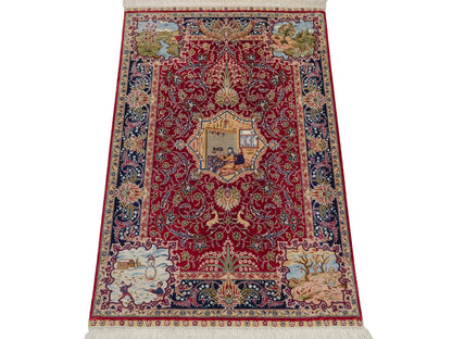 Sehr feiner, handgeknüpfter Khademi Orientteppich mit Ghom Design aus reiner Seide, rot, blau. 93x63 cm. Vertrieb durch Jupiter Intl.