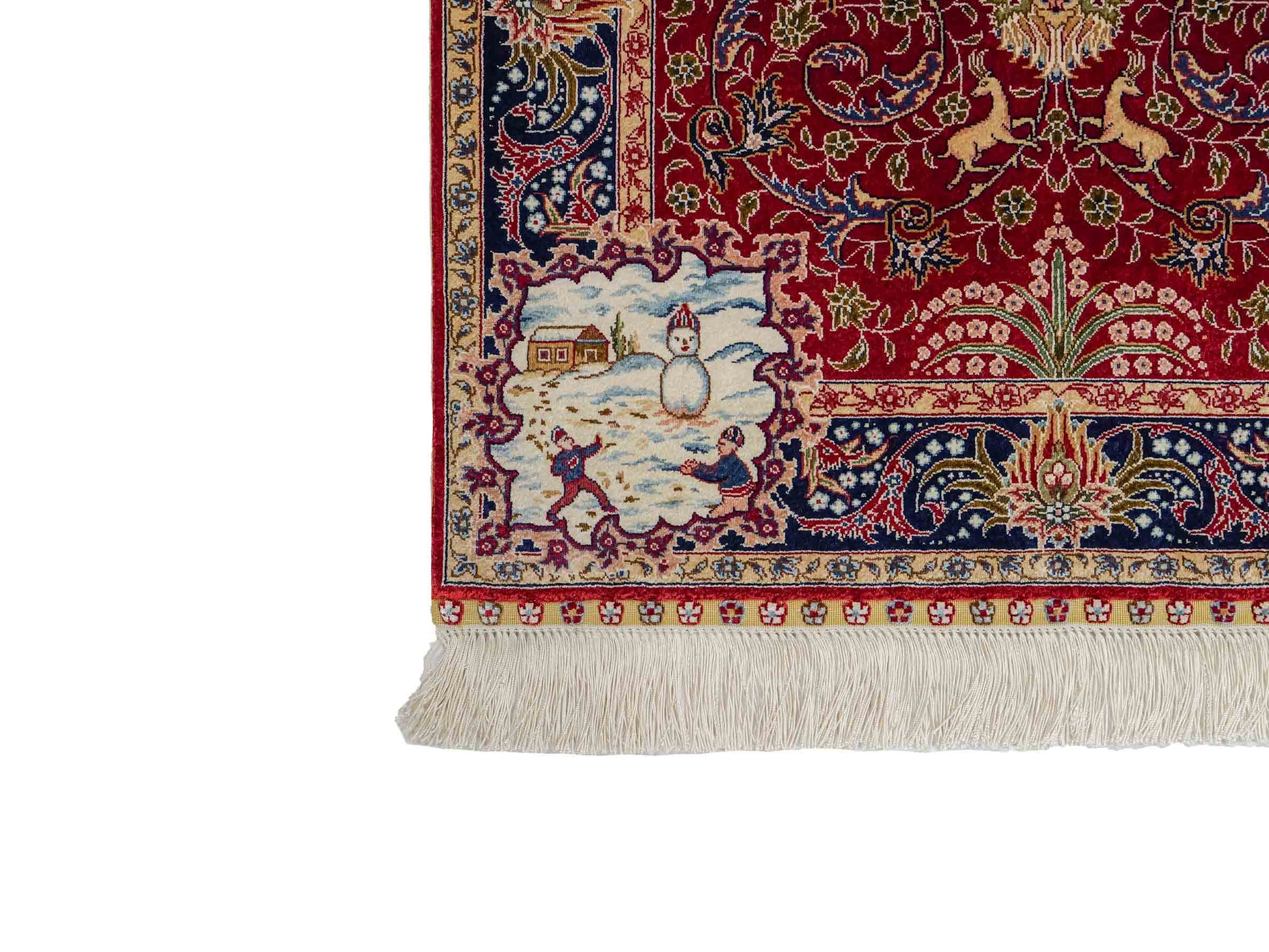 Sehr feiner, handgeknüpfter Khademi Orientteppich mit Ghom Design aus reiner Seide, rot, blau. 93x63 cm. Vertrieb durch Jupiter Intl.