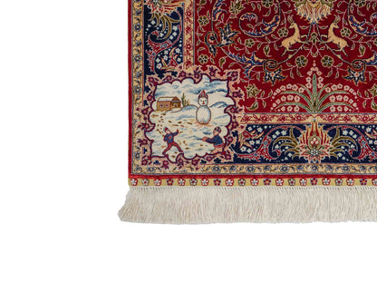 Sehr feiner, handgeknüpfter Khademi Orientteppich mit Ghom Design aus reiner Seide, rot, blau. 93x63 cm. Vertrieb durch Jupiter Intl.