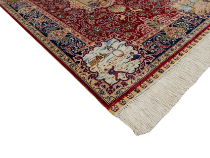 Sehr feiner, handgeknüpfter Khademi Orientteppich mit Ghom Design aus reiner Seide, rot, blau. 93x63 cm. Vertrieb durch Jupiter Intl.
